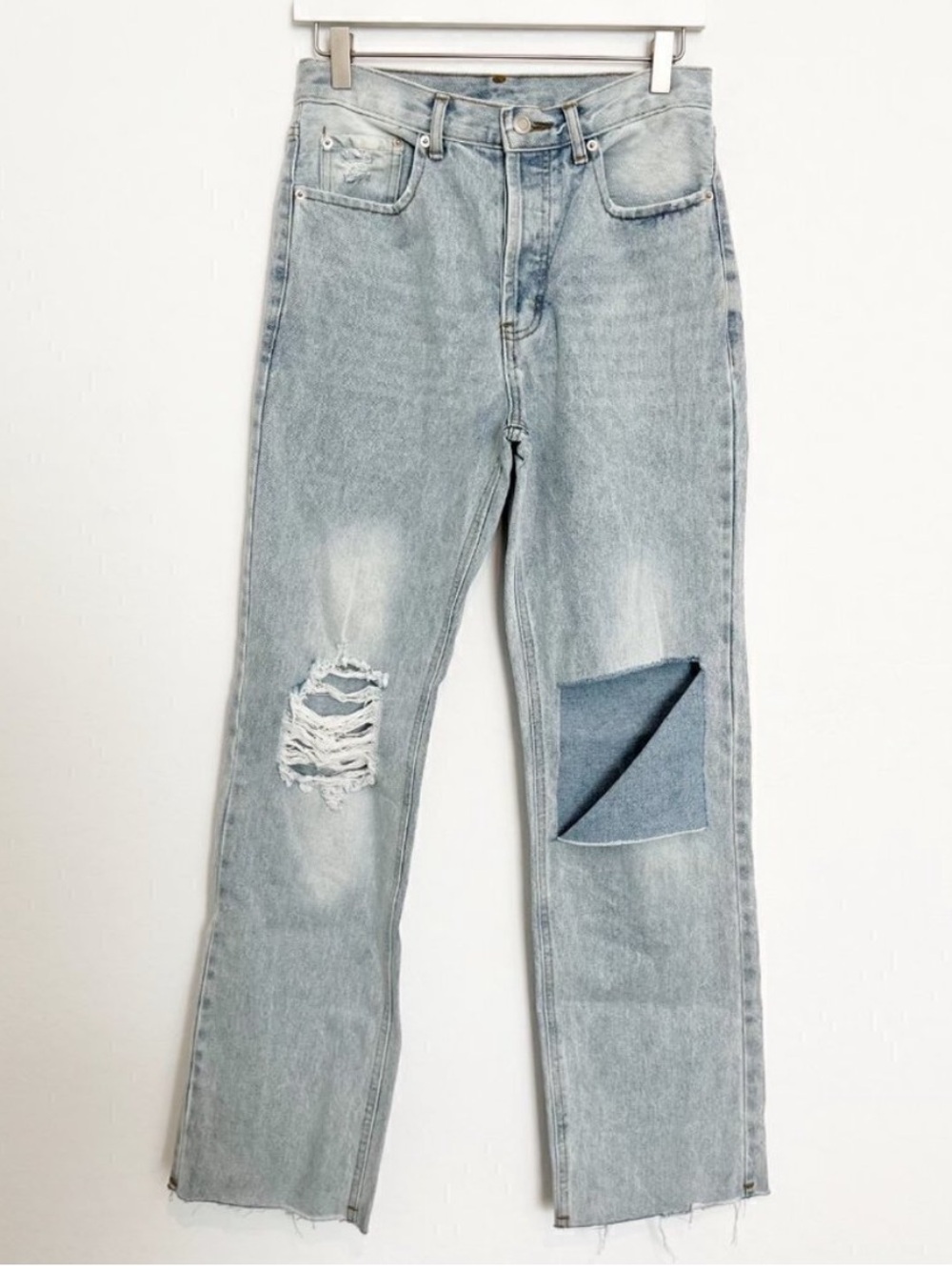 Beige Botany Jeans Size S Blue Denim Straight Leg Distressed Raw Hem Baggy 90s